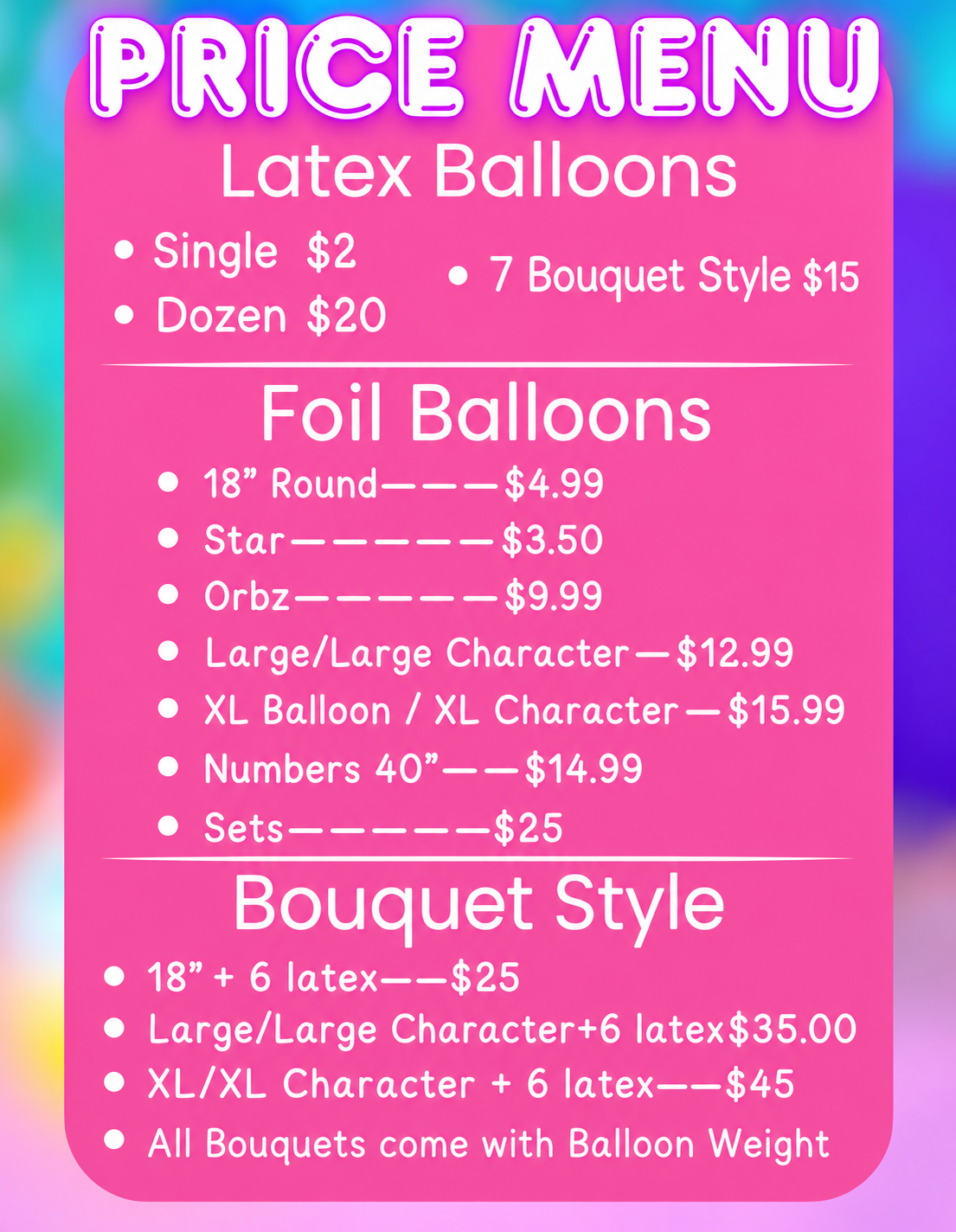 Balloon Bliss price menu